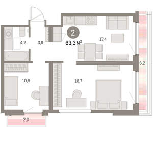 2-к квартира, вторичка, 63м2, 7/9 этаж