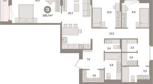 3-к квартира, вторичка, 106м2, 10/16 этаж
