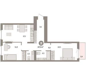 2-к квартира, вторичка, 67м2, 3/9 этаж