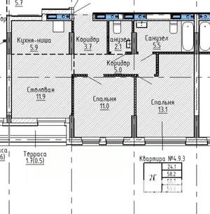 2-к квартира, вторичка, 60м2, 8/9 этаж