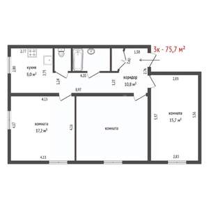 3-к квартира, вторичка, 76м2, 2/3 этаж