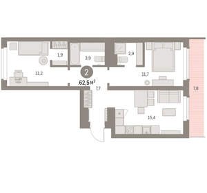 2-к квартира, вторичка, 62м2, 8/9 этаж