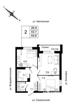 2-к квартира, строящийся дом, 56м2, 18/24 этаж
