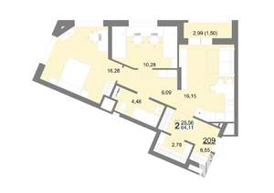 2-к квартира, строящийся дом, 64м2, 20/22 этаж