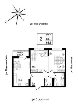 2-к квартира, вторичка, 61м2, 18/19 этаж