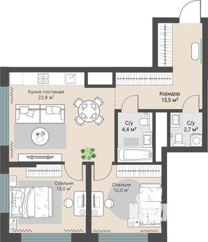 2-к квартира, строящийся дом, 68м2, 13/29 этаж
