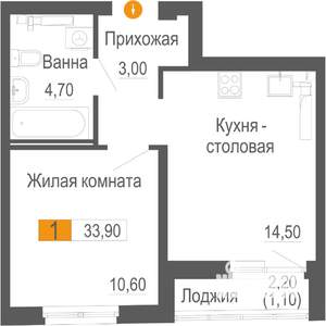 1-к квартира, строящийся дом, 34м2, 16/25 этаж