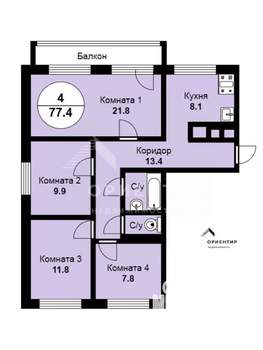 4-к квартира, вторичка, 77м2, 6/9 этаж