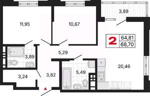 2-к квартира, вторичка, 69м2, 6/9 этаж