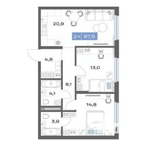 2-к квартира, строящийся дом, 68м2, 4/17 этаж