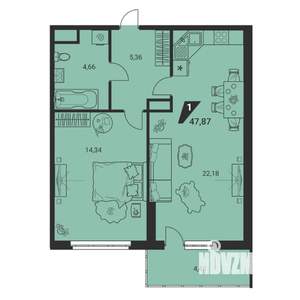 2-к квартира, вторичка, 48м2, 22/25 этаж