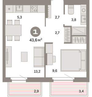 1-к квартира, вторичка, 44м2, 7/16 этаж