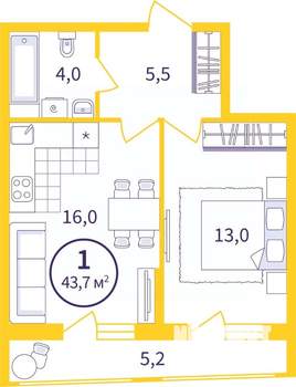 1-к квартира, вторичка, 41м2, 2/8 этаж