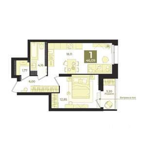 1-к квартира, вторичка, 46м2, 13/15 этаж