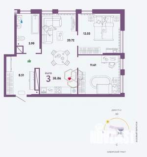 3-к квартира, вторичка, 59м2, 20/32 этаж