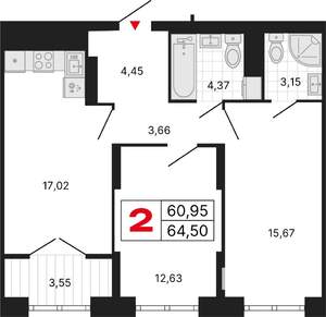 2-к квартира, вторичка, 65м2, 6/25 этаж