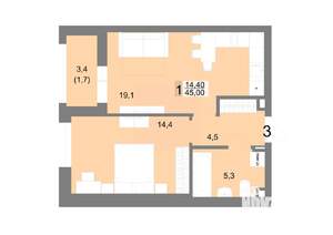 1-к квартира, вторичка, 45м2, 3/25 этаж