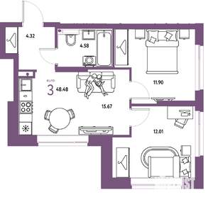 3-к квартира, строящийся дом, 48м2, 8/24 этаж