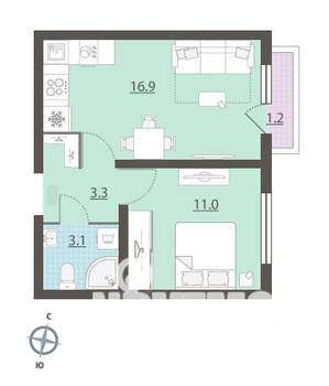 1-к квартира, вторичка, 35м2, 10/16 этаж