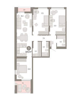 3-к квартира, вторичка, 107м2, 11/16 этаж
