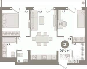 2-к квартира, вторичка, 59м2, 6/9 этаж