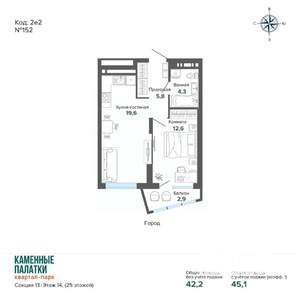 1-к квартира, вторичка, 45м2, 15/25 этаж