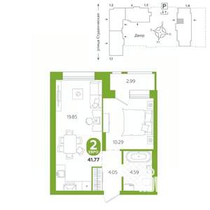 2-к квартира, строящийся дом, 42м2, 21/25 этаж