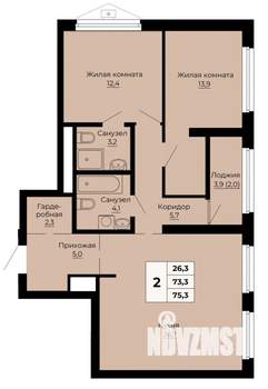 2-к квартира, строящийся дом, 75м2, 17/24 этаж