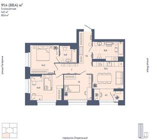 3-к квартира, вторичка, 88м2, 8/29 этаж