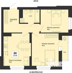 2-к квартира, строящийся дом, 58м2, 6/25 этаж