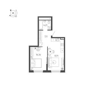 1-к квартира, строящийся дом, 43м2, 1/24 этаж