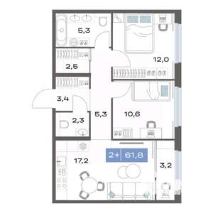 2-к квартира, строящийся дом, 62м2, 17/17 этаж