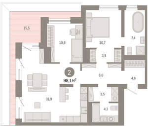 2-к квартира, вторичка, 98м2, 8/8 этаж