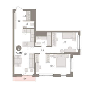 2-к квартира, вторичка, 71м2, 23/25 этаж