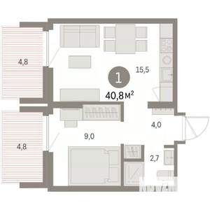 1-к квартира, вторичка, 41м2, 9/9 этаж