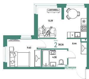 2-к квартира, вторичка, 38м2, 19/24 этаж