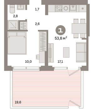 1-к квартира, вторичка, 54м2, 2/16 этаж