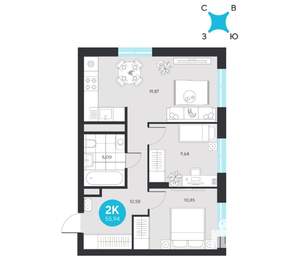 2-к квартира, строящийся дом, 56м2, 3/23 этаж