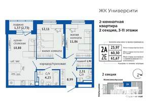 2-к квартира, вторичка, 62м2, 11/24 этаж