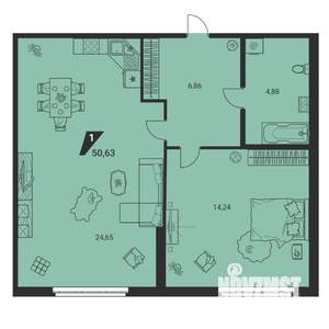 1-к квартира, вторичка, 51м2, 1/25 этаж