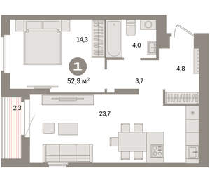 1-к квартира, вторичка, 53м2, 11/16 этаж