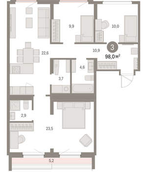 3-к квартира, вторичка, 98м2, 7/9 этаж