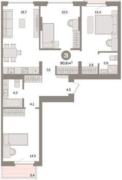 3-к квартира, вторичка, 91м2, 3/16 этаж