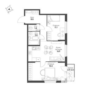 2-к квартира, строящийся дом, 60м2, 7/25 этаж