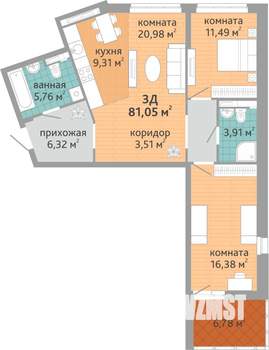 3-к квартира, строящийся дом, 81м2, 23/24 этаж