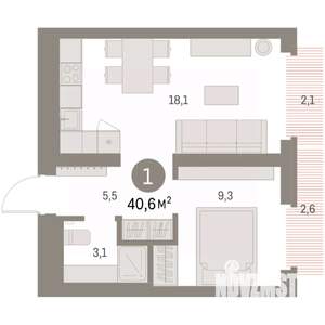 1-к квартира, вторичка, 42м2, 2/9 этаж