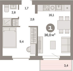 1-к квартира, вторичка, 36м2, 7/9 этаж