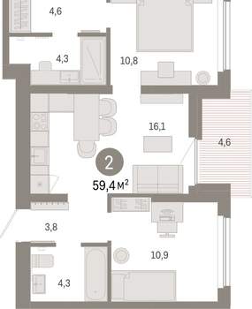 2-к квартира, вторичка, 59м2, 9/9 этаж