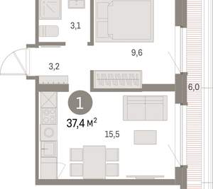 1-к квартира, вторичка, 37м2, 7/9 этаж