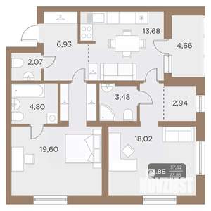 3-к квартира, вторичка, 74м2, 7/24 этаж